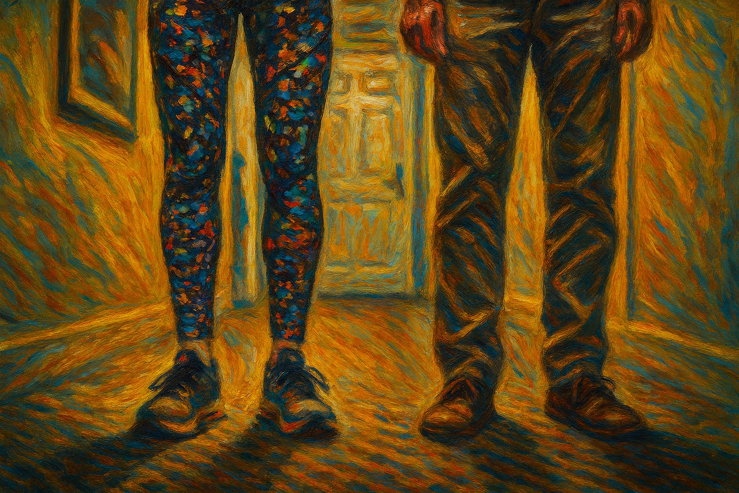 Expressionist painting of two figures standing in a warped, glowing hallway. The left figure wears bright patterned leggings and trainers, the right figure wears beige trousers and brown shoes. The walls and floor swirl with fiery orange and deep blue strokes, drawing the eye toward a pale door at the end of the corridor. Expressionist painting of two figures standing in a warped, glowing hallway. The left figure wears bright patterned leggings and trainers, the right figure wears beige trousers and brown shoes. The walls and floor swirl with fiery orange and deep blue strokes, drawing the eye toward a pale door at the end of the corridor.