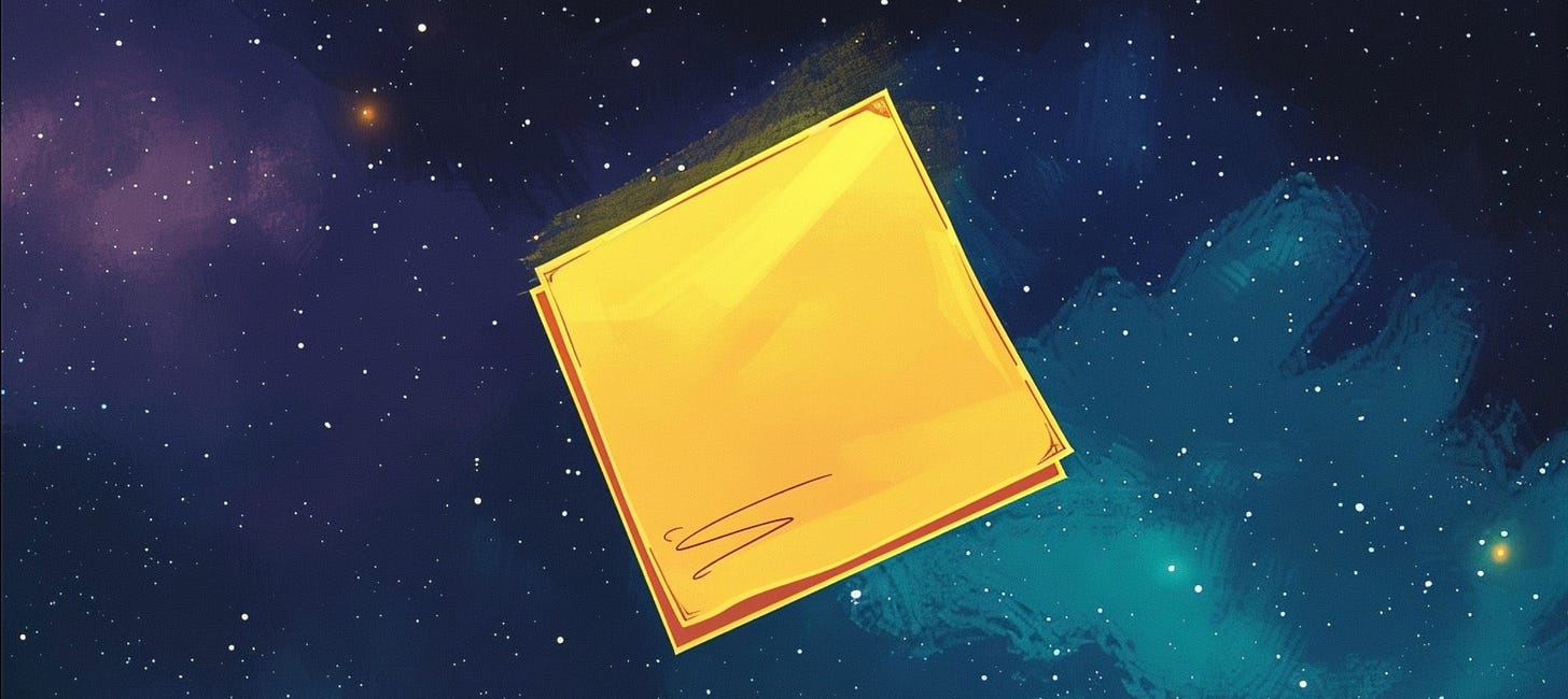 A yellow Post-It note floating against a starry cosmic background of deep blues and purples. A yellow Post-It note floating against a starry cosmic background of deep blues and purples.