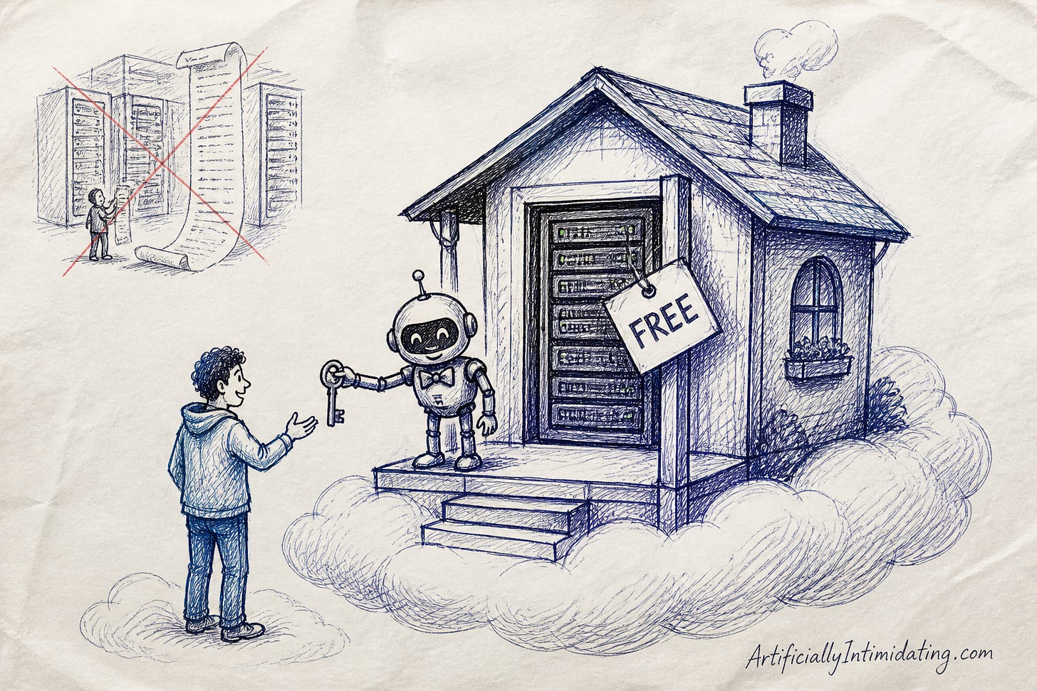 A snug cottage with a server-rack door on a fluffy cloud, a tiny robot butler handing a smiling person a key, a FREE price tag, and a crossed-out giant data-center invoice.