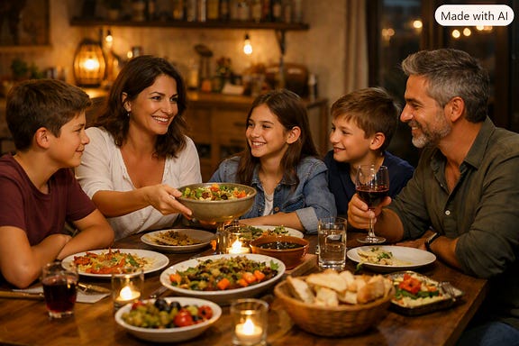 Grand repas chaleureux à cinq, mère méditerranéenne avec ses deux enfants et père avec son fils, ambiance familiale du soir