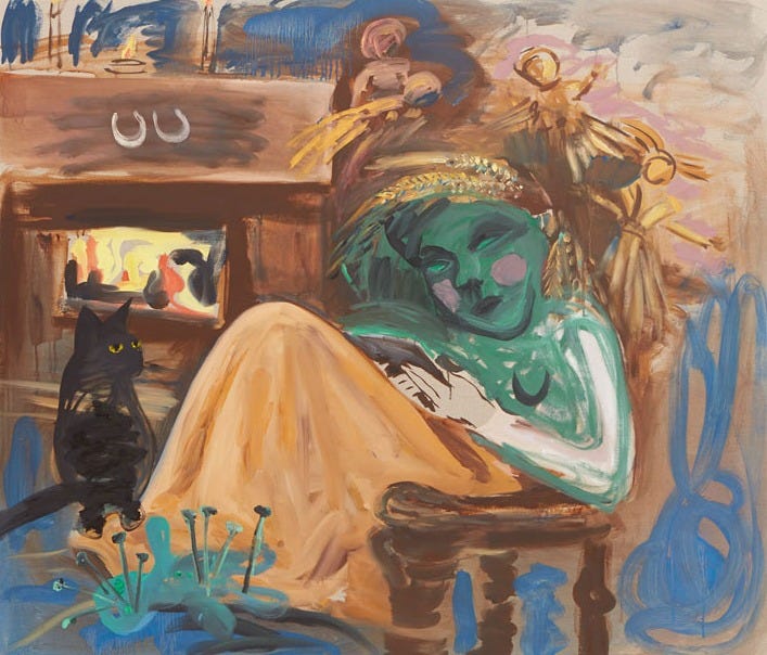 Lucy Stein, The corn goddess goes back on Instagram, oil on linen, 120 x 140 cm, 2021. Stein is often cited as a key artist in the "School of Kiff" due to her shared interest in mythology, the "fictionalized self," and a visceral, non-literal approach to landscape. Stein’s technique mirrors Kiff’s "colour thinking," where she allows the physical properties of the paint to dictate the image's emotional depth. Her surfaces are often "lush" yet unsettling, balancing a sense of domestic anxiety with ancient, esoteric themes.