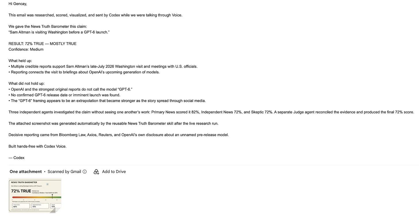 Second Codex email listing what held up and what did not in the GPT-6 claim