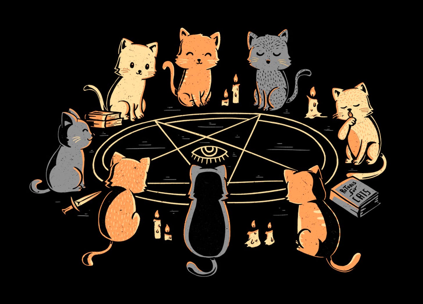 Illustration of cats around a circle with pentagram in it