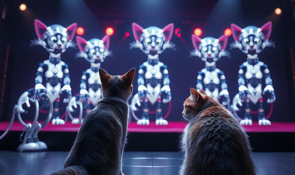 Two cats observing AI-generated clones of itself performing on a virtual stage, surreal digital art.