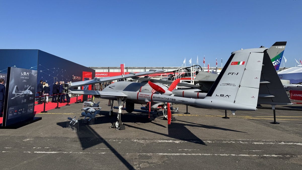 A Turkish Bayraktar TB2 drone is on display at the Paris Air Show at Paris-Le Bourget Airport, Paris, France, June 16, 2025. (AA Photo) A Turkish Bayraktar TB2 drone is on display at the Paris Air Show at Paris-Le Bourget Airport, Paris, France, June 16, 2025. (AA Photo)