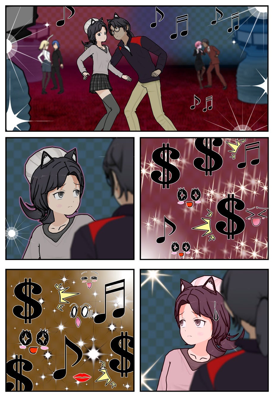 Rae and Ruff bide their time dancing to the music. Rae gets nervous as the flashing lights and glittering crowds cause her to start powering up involuntarily.