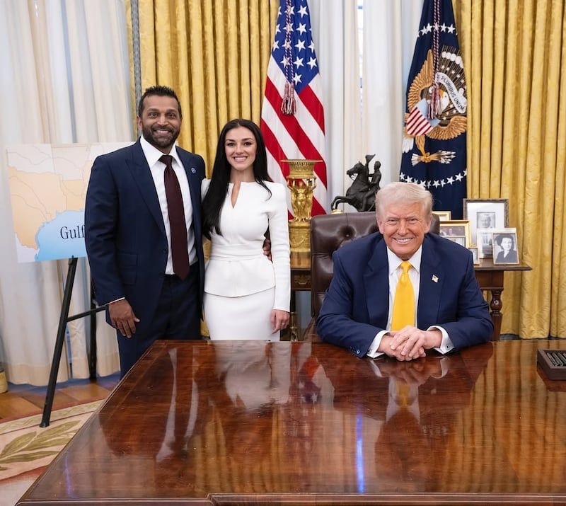 Kash Patel with his girlfriend, Alexis Wilkins, and U.S. President Donald Trump.
