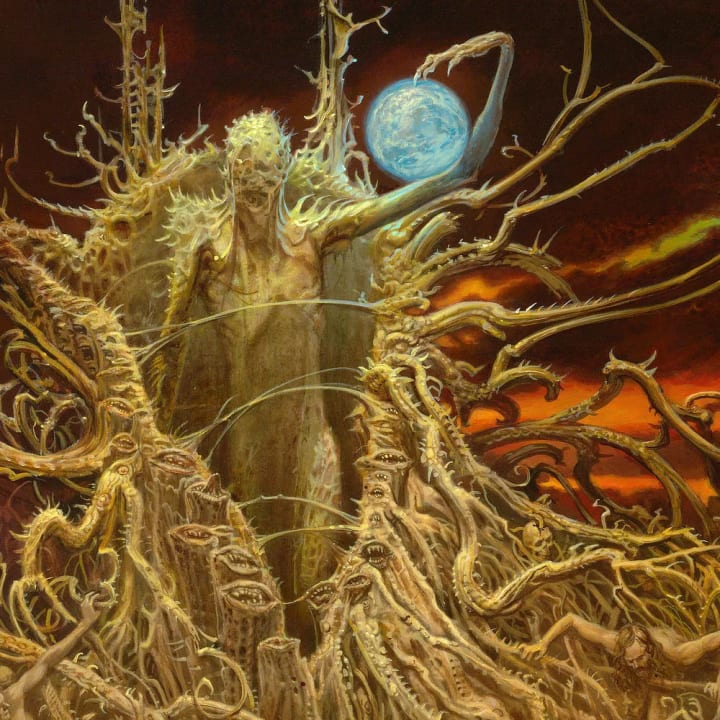 LEFT: Close detail from EVILE featuring the left side of the mound with naked men and women ensnared by spiked roots. Some fight against their hold trying to life themselves out. Some fall in agony as they are pulled into the mass. Others recline in pleasure. Mixed throughout are human skulls.  RIGHT: Close detail from EVILE featuring a bodies piled up, ensnared by spiked roots. One male figure extends his arm to show the artists MW sigil.