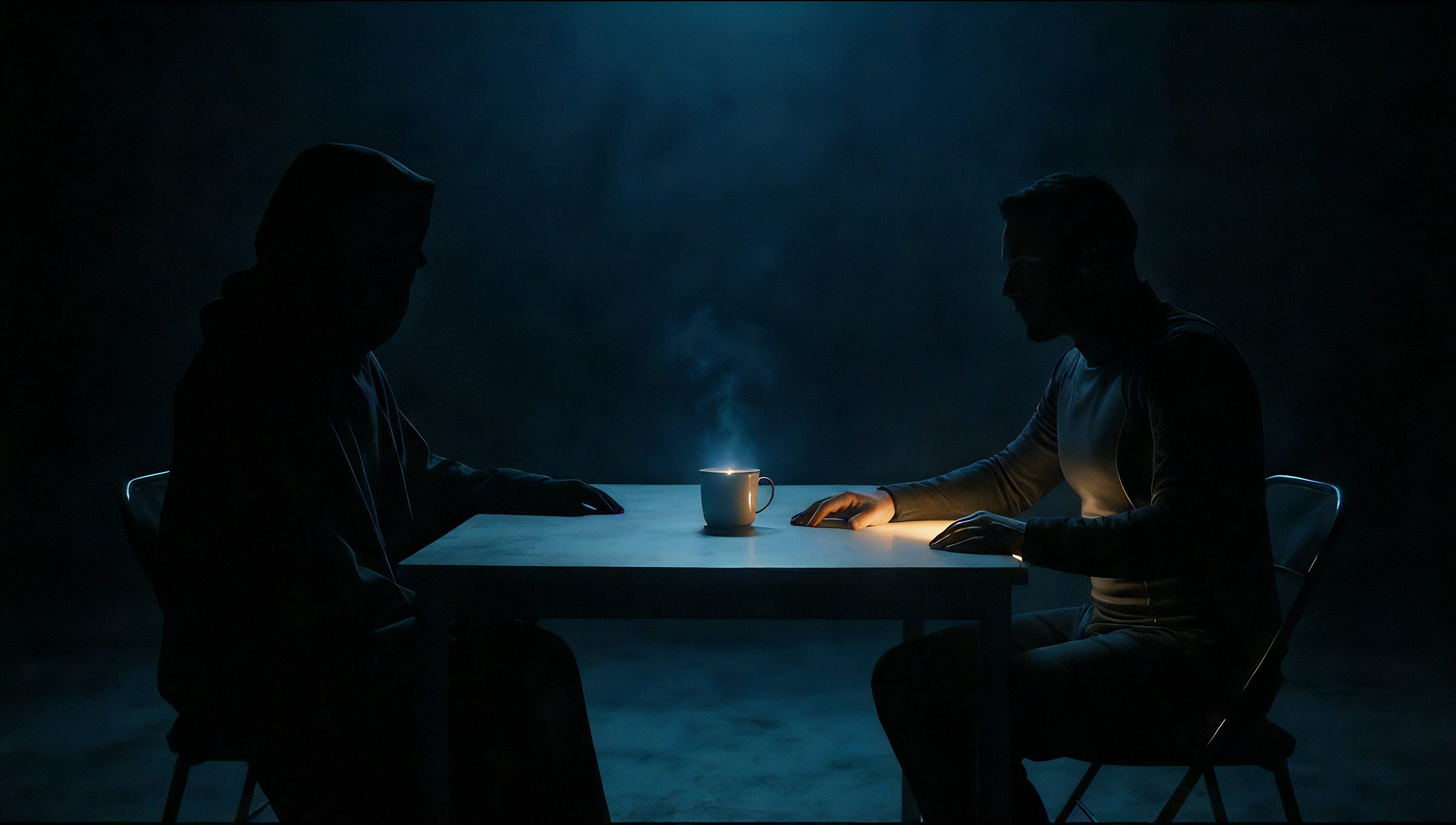 Two figures seated across a bare table in a dark blue void, a single glowing cup of coffee between them; one wears a hood, the other a sleek fitted garment, both faces lost in shadow.