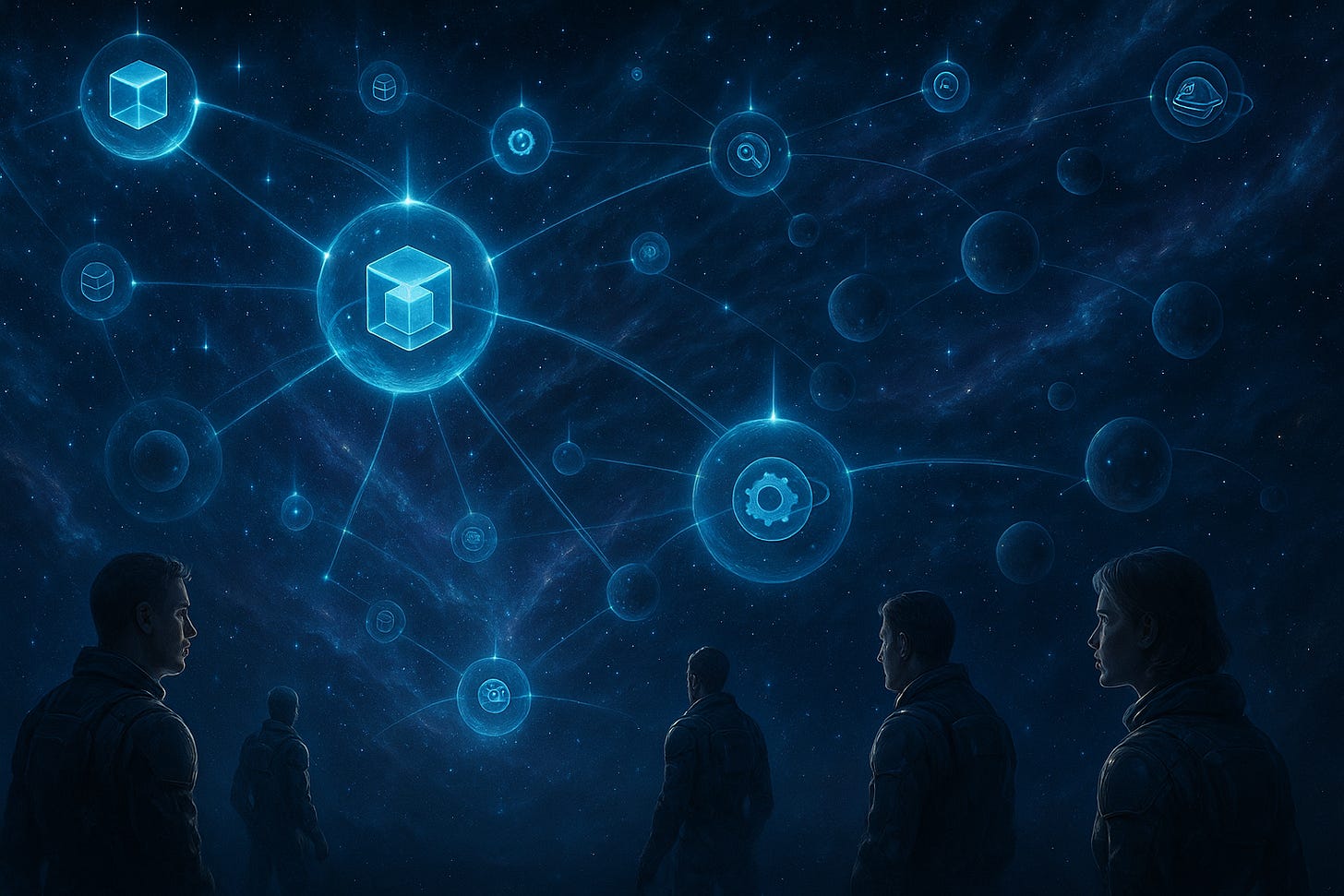 People observing a cosmic network of glowing microservice nodes in a star-filled galaxy. People observing a cosmic network of glowing microservice nodes in a star-filled galaxy.