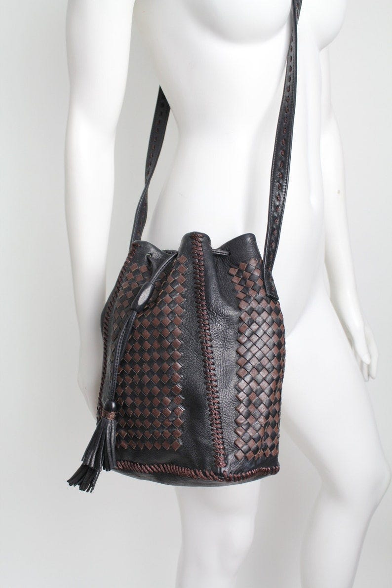 Vintage 1980s Intrecciato Drawstring Bucket Bag | Woven Leather Whipstitch Purse | Cinch Top Two Tone Leather Shoulder Bag image 1