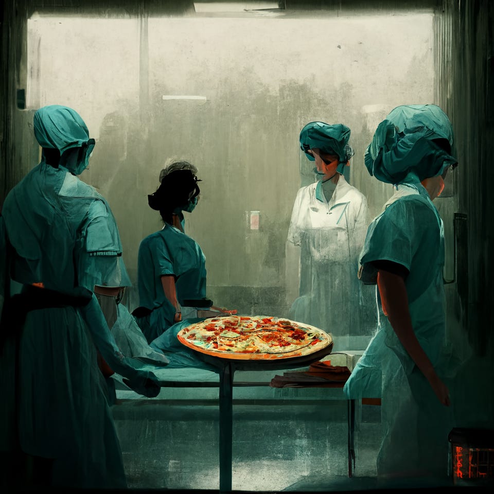 r/nursing - AI Made these images of a sad pizza party at the hospital. Thoughts?