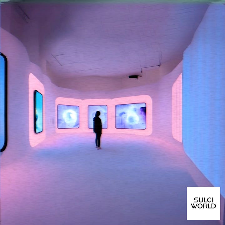 Left image: AI render by SULCI WORLD. Gallery room is illuminated in pink and blue light. A figure stands facing three rounded screens. The screens show swirling blue abstract art. Large blue and pink artworks on the walls. SULCI WORLD logo bottom right hand corner. Right Image: AI render by SULCI WORLD. A green gallery room under ceiling lights. Large blue and purple projections each side. Soft orange and green beanbag chairs on the floor. SULCI WORLD logo bottom right hand corner. 