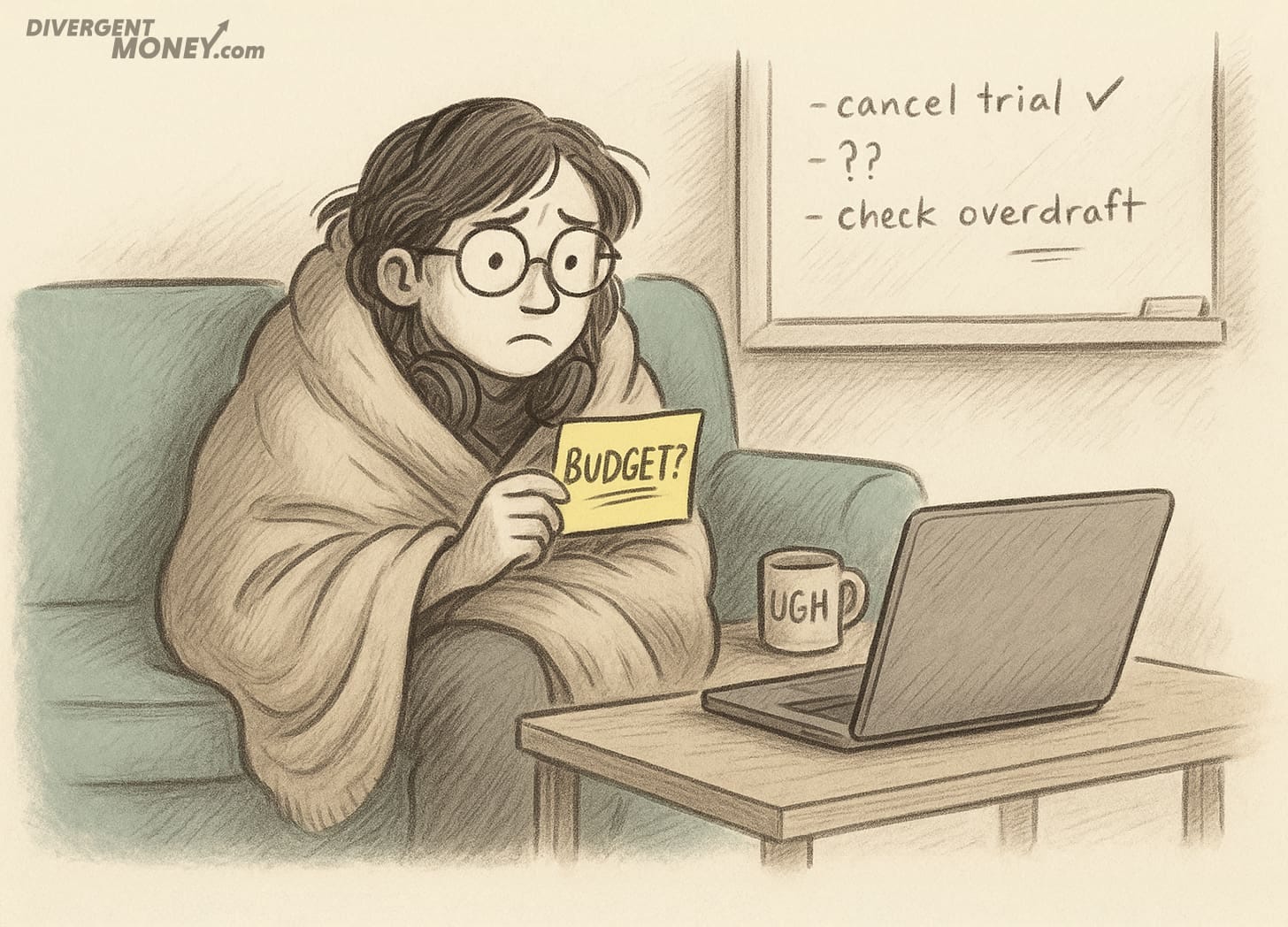 A tired-looking person wrapped in a blanket sits on a couch, holding a yellow card labeled "BUDGET?" while staring nervously at a laptop with "BUDGET" on the screen. A mug reading "UGH" sits on the table. In the background, a whiteboard lists: "cancel trial ✓," "ugh," and "check overdraft." The scene conveys budgeting anxiety and overwhelm.