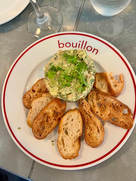 Three photos from Bouillon by Moulin: a seared salmon fillet over ratatouille, a tin of Le Guérandais sea salt on the bar, and a salmon tartare appetizer with toasted baguette on a red-rimmed bouillon plate.