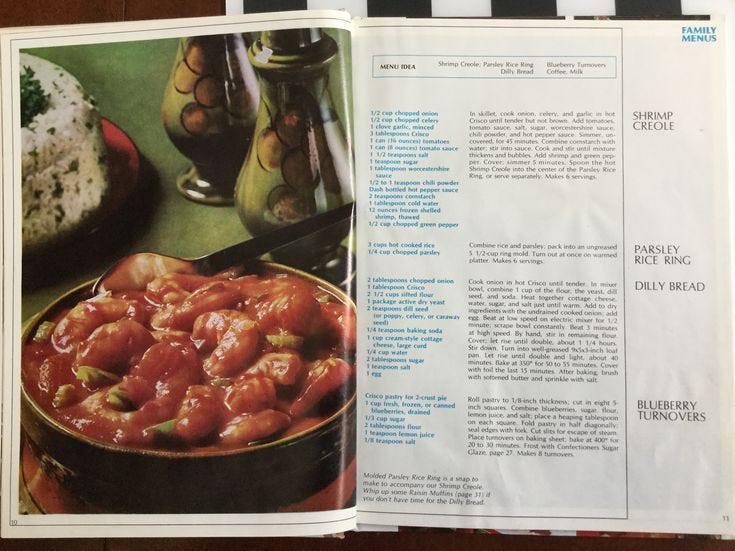 A picture of shrimp creole from a circa 1960s Crisco cookbook.