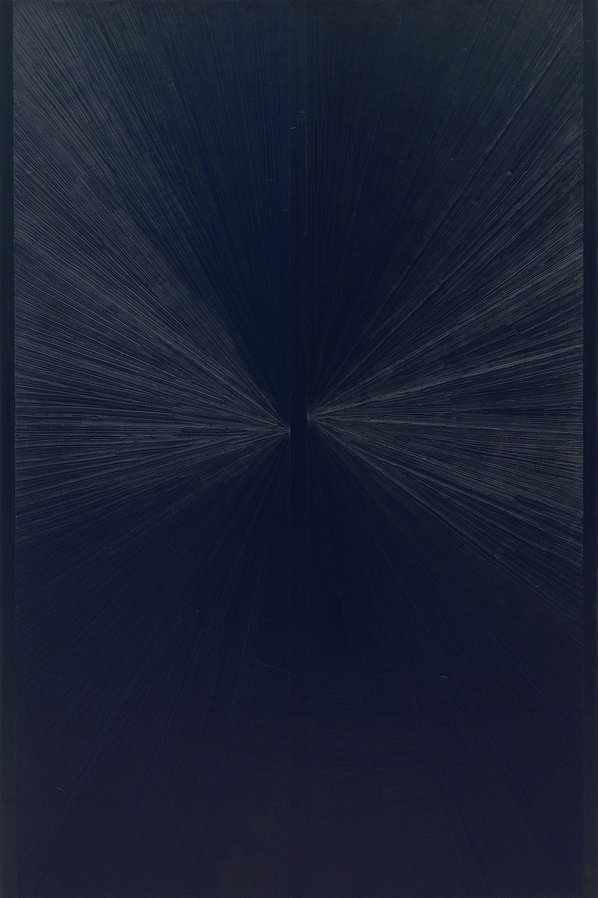 Mark Grotjahn, Untitled (Blue Painting Light to Dark X), 2006. Oil on canvas, 75 3/16 x 50 1/8 x 1 3/4 inches (191 x 127.3 x 4.4 cm)