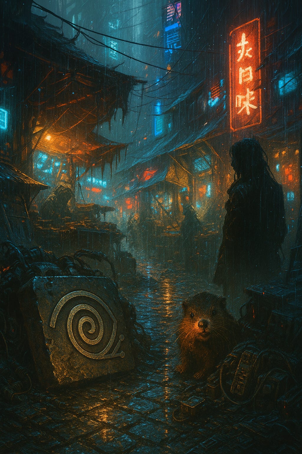 A rain-soaked cyberpunk street market in Telaska at night. Neon lights reflect in puddles as crowds move through narrow aisles lined with rusted tech stalls. A gunmetal relic block engraved with the Eyeball sigil sits on a vendor’s table. Lyra appears in the background, partly obscured, watching the scene. A marmot stands near a crate, looking up as if delivering a message to the world. The entire scene feels chaotic, wet, and alive with underground energy.