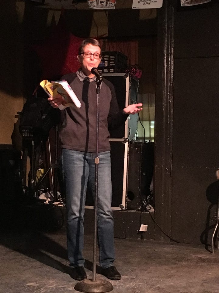 Photo of my signing books and Ward from Chop Suey Books holding a book; Me at mic reading; Me reading; In group of five writers in Queer Voices event.