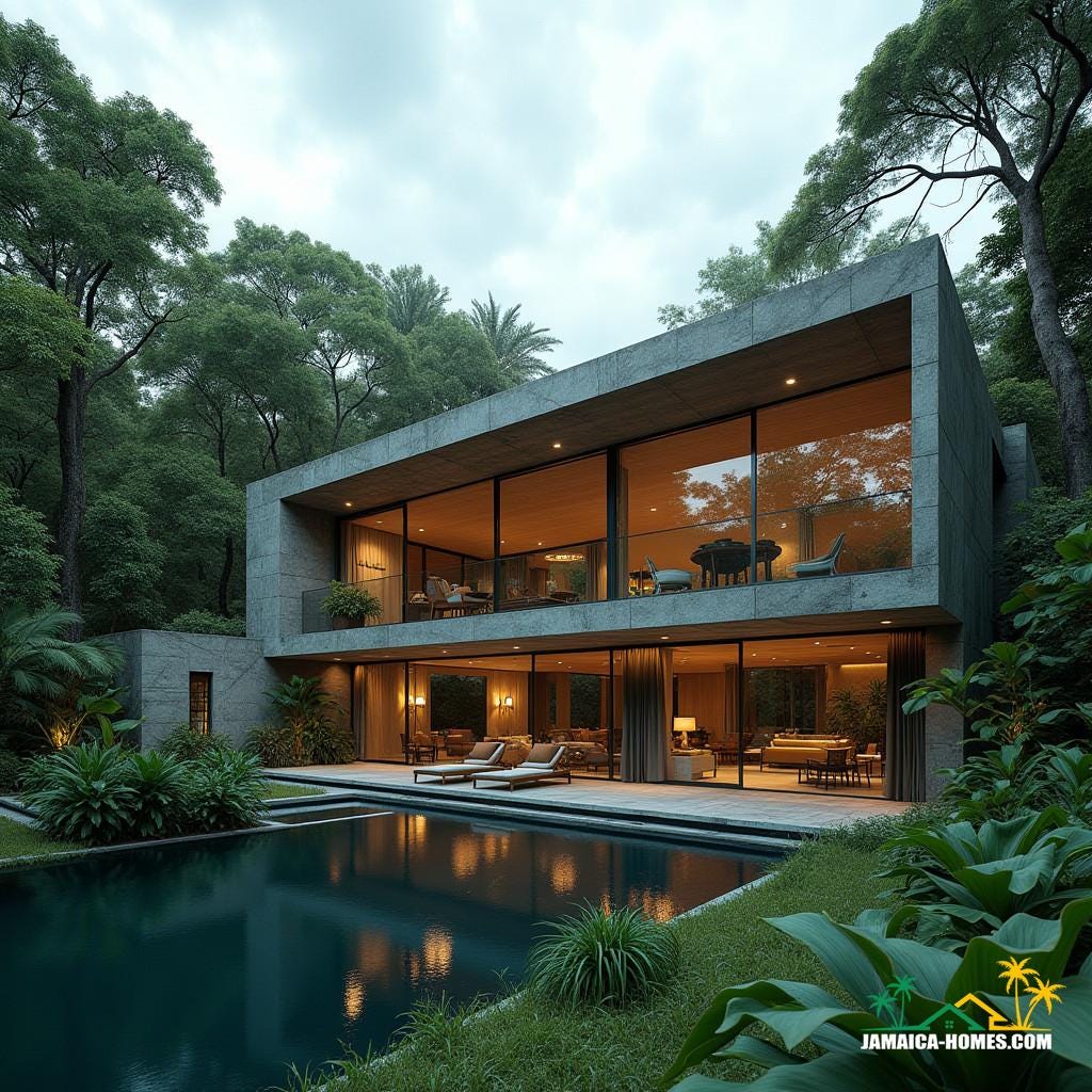 Sleek, modern stone house in Jamaica, surrounded by lush Caribbean greenery, with expansive glass walls and protruding windows that seamlessly blend indoor and outdoor spaces, showcasing sustainable design with solar panels and water harvesting systems, a serene pond reflecting the building's angular lines