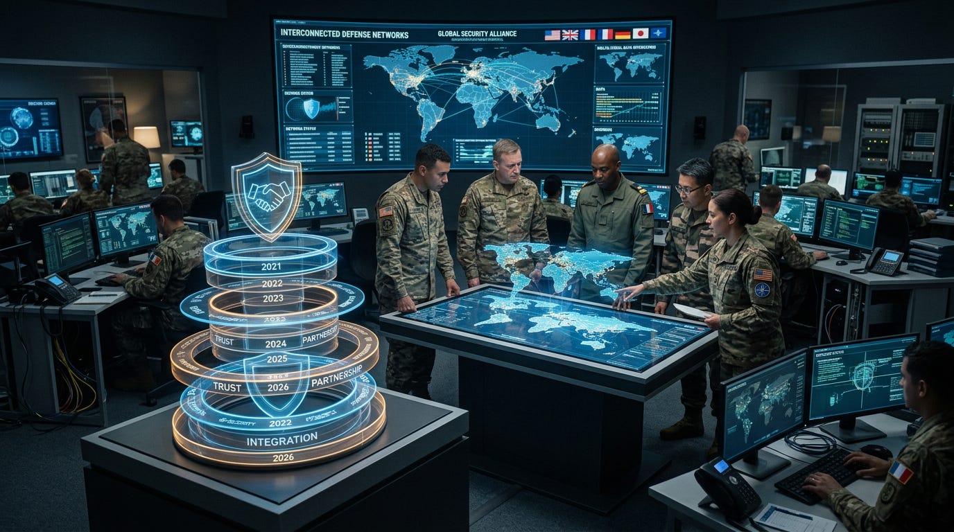 Military command center with global map screens and coordinated defense network visualization.