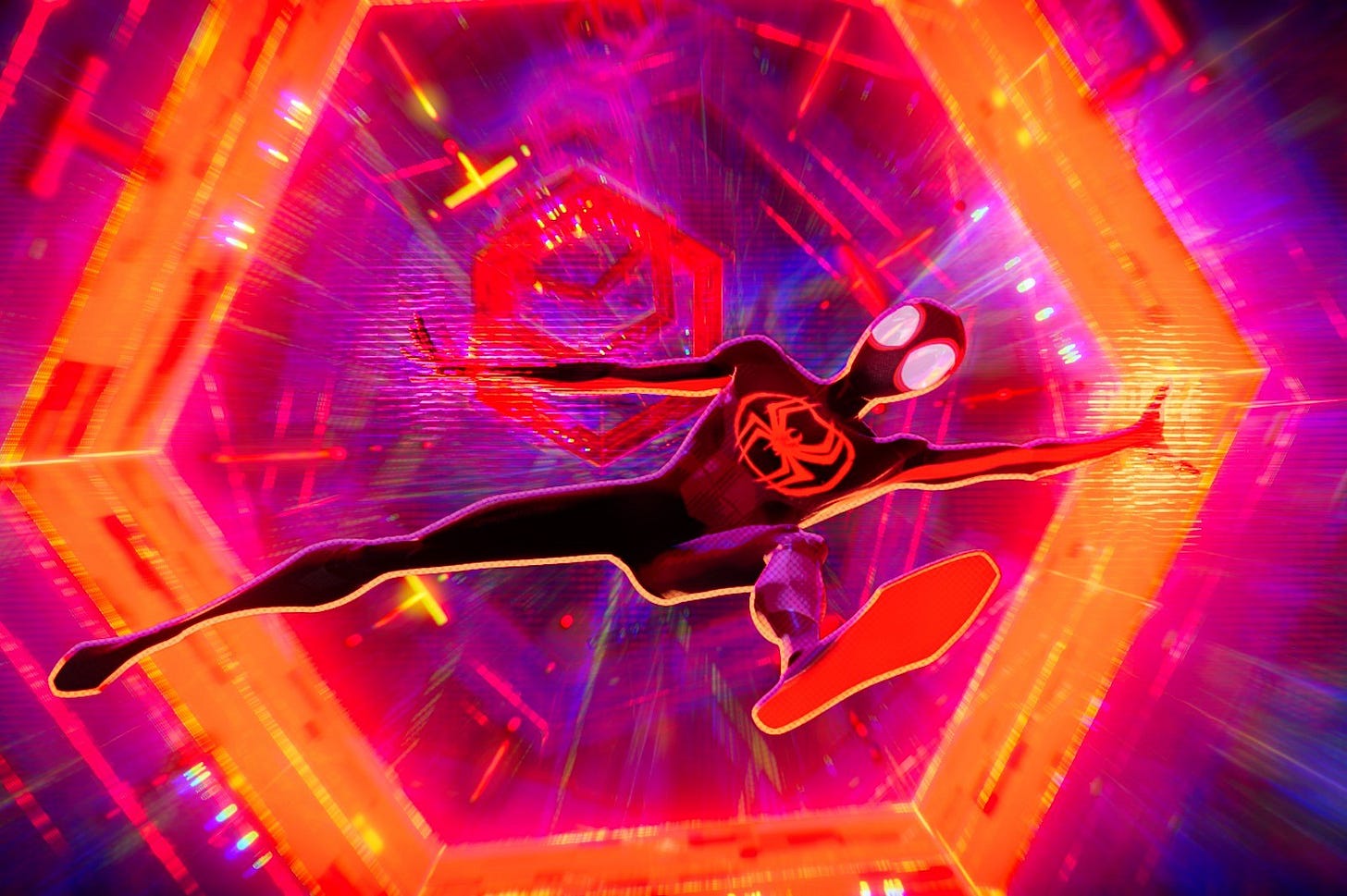 Miles Morales Spider-Man falling through hexagonal light portals to travel across the Spider-Verse