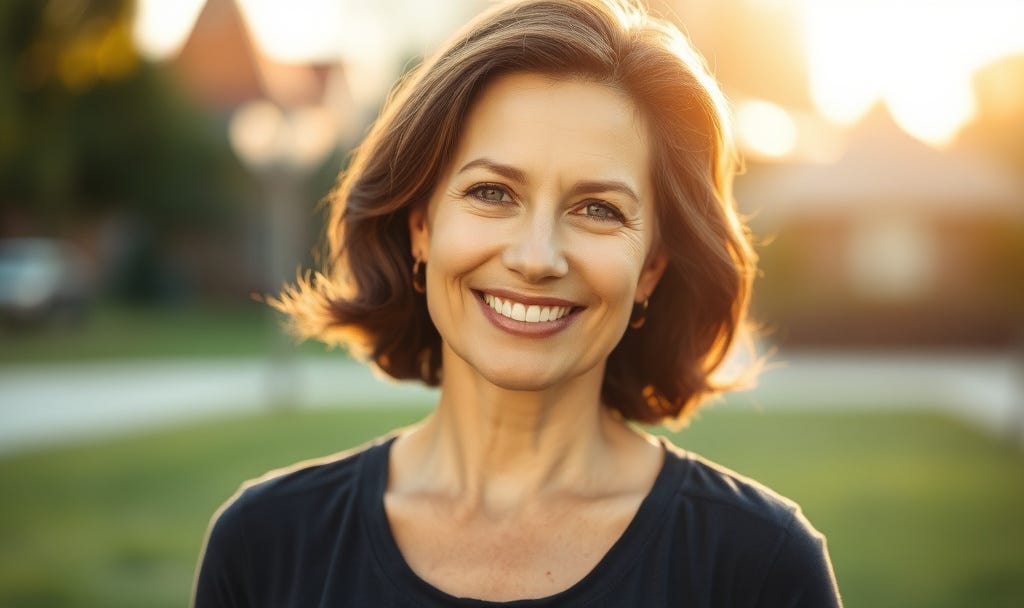 A confident, radiant younger woman in her early-to-mid forty's (warm, approachable, diverse ethnicity to broaden appeal), standing outdoors in soft natural light (e.g., golden hour or morning sun for energy and renewal). She's looking directly at the camera with a calm, knowing smile—eyes bright, posture strong and open, conveying quiet power and self-assurance rather than forced "happiness." A confident, radiant younger woman in her early-to-mid forty's (warm, approachable, diverse ethnicity to broaden appeal), standing outdoors in soft natural light (e.g., golden hour or morning sun for energy and renewal). She's looking directly at the camera with a calm, knowing smile—eyes bright, posture strong and open, conveying quiet power and self-assurance rather than forced "happiness."