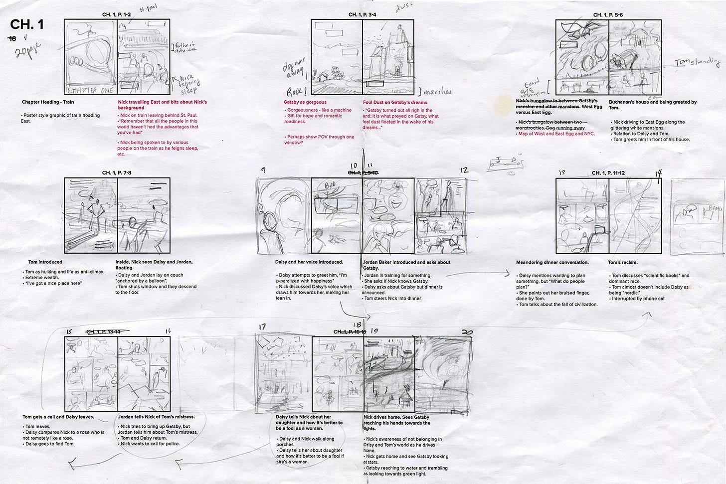 Graphic novelist K. Woodman-Maynard’s thumbnailing layout sheet used for her graphic novel adaptation of F. Scott Fitzgerald’s The Great Gatsby. 