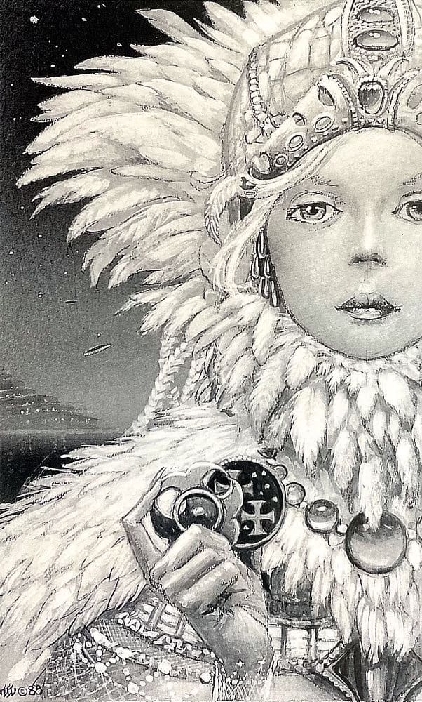 Alternate preliminary concept for THE SNOW QUEEN, Acrylics on Illustration Board 6” x 9”. A head-on perspective of a woman in tufted cloak with a high collar that rises over her head. Her headdress is more subdued, lacking the symbolism of the final painting. She holds two trinkets, one reminiscent of a biohazard symbol and the other with two flared Xs among a field of dots. A series of spaceships take off from a tiered city sitting out on the water to the left. The way the image is framed, her face cuts off over one cheek so it's only a 3/4 view of her.