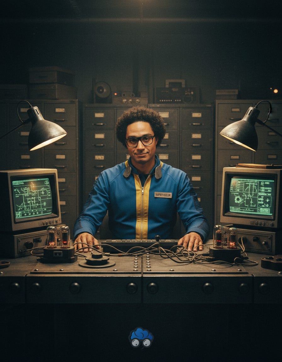 Photographie cinématique de Benjamin Azika-Eros en Superviseur d'abri rétro-futuriste (style Fallout). Il est assis derrière un bureau en métal massif dans un bunker sombre, portant une combinaison bleue et jaune. Il est entouré de vieux terminaux informatiques à écrans verts et de composants électroniques analogiques. Ambiance d'autorité technique et de contrôle. Photographie cinématique de Benjamin Azika-Eros en Superviseur d'abri rétro-futuriste (style Fallout). Il est assis derrière un bureau en métal massif dans un bunker sombre, portant une combinaison bleue et jaune. Il est entouré de vieux terminaux informatiques à écrans verts et de composants électroniques analogiques. Ambiance d'autorité technique et de contrôle.