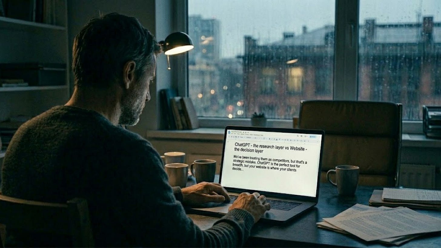 A close, over-the-shoulder photographic shot of a man working alone at a cluttered desk in a dimly lit office at night. Rain streaks the window in the background, showing blurred city lights. He is typing on a laptop, and the screen clearly displays a document titled "ChatGPT - the research layer vs Website - the decision layer." A close, over-the-shoulder photographic shot of a man working alone at a cluttered desk in a dimly lit office at night. Rain streaks the window in the background, showing blurred city lights. He is typing on a laptop, and the screen clearly displays a document titled "ChatGPT - the research layer vs Website - the decision layer."