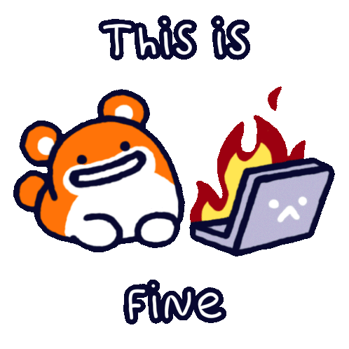 a cartoon of a hamster sitting next to a laptop that is on fire with the words this is fine below it