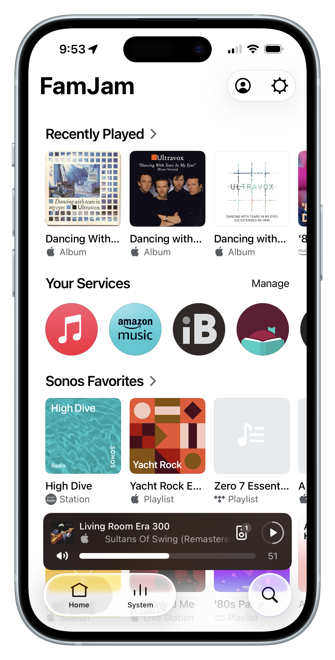 Sonos app for iOS showing Home screen with new tabs at the bottom for Home, System, and Search. Sonos app for iOS showing Home screen with new tabs at the bottom for Home, System, and Search.