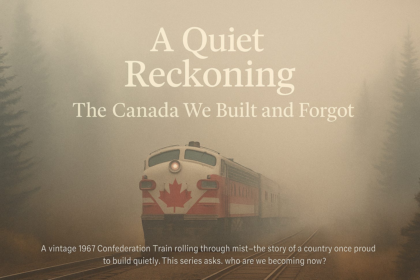 Vintage 1967 Confederation Train rolling through morning mist along a forested rail line, its red-and-white maple leaf emblem visible on the front — symbolizing Canada’s quiet era of nation-building and renewal. Vintage 1967 Confederation Train rolling through morning mist along a forested rail line, its red-and-white maple leaf emblem visible on the front — symbolizing Canada’s quiet era of nation-building and renewal.