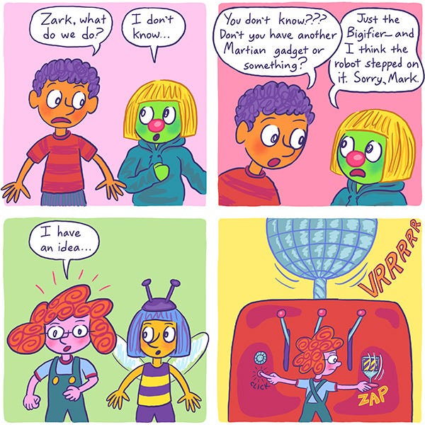 Mark asks Zark if he has any martian gadgets that can save them. He says all he has is the bigiffier and they already used it. Martha has an idea and turns on the weather machine.