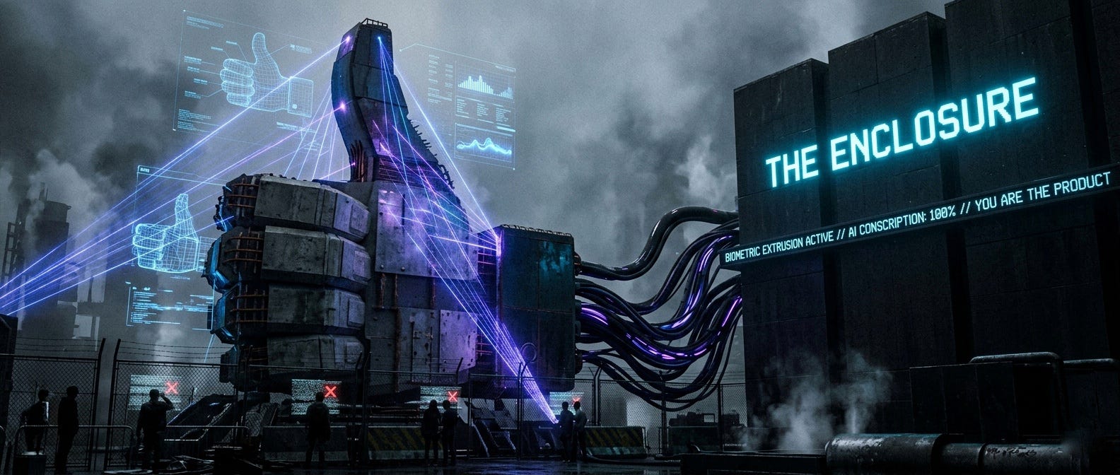 A gritty cyberpunk visualization of a giant concrete Meta thumbs up icon being stripped of digital flesh. Violet data conduits feed raw code into a massive black server rack labeled THE ENCLOSURE. Tiny silhouetted human figures are trapped behind wire mesh at the base while a digital ticker reads BIOMETRIC EXTRUSION ACTIVE. A gritty cyberpunk visualization of a giant concrete Meta thumbs up icon being stripped of digital flesh. Violet data conduits feed raw code into a massive black server rack labeled THE ENCLOSURE. Tiny silhouetted human figures are trapped behind wire mesh at the base while a digital ticker reads BIOMETRIC EXTRUSION ACTIVE.