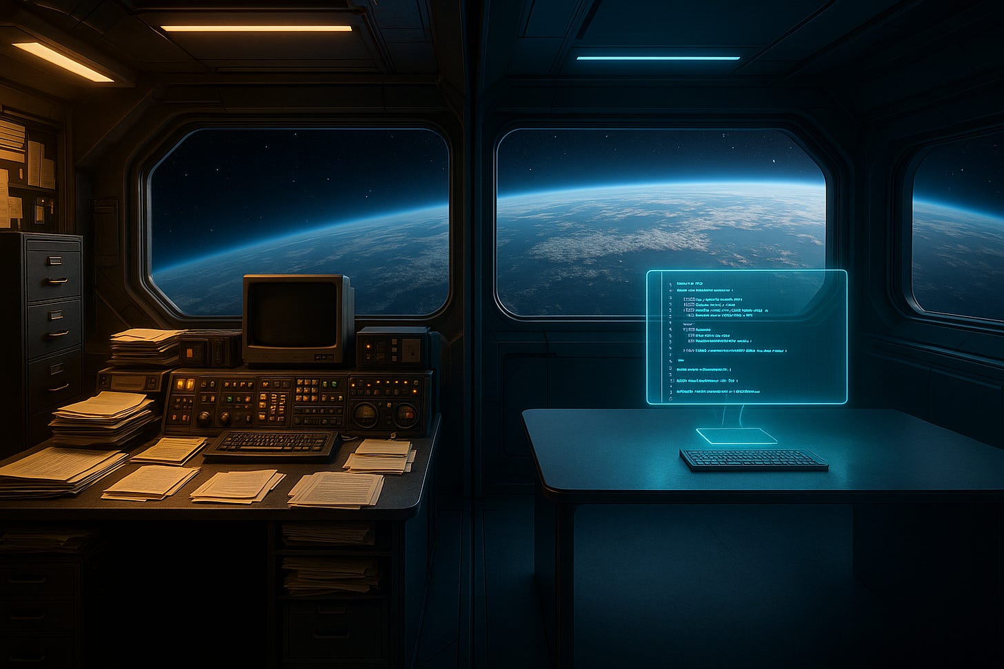 Traditional vs minimal API development: cluttered legacy desk contrasts sleek modern code. 