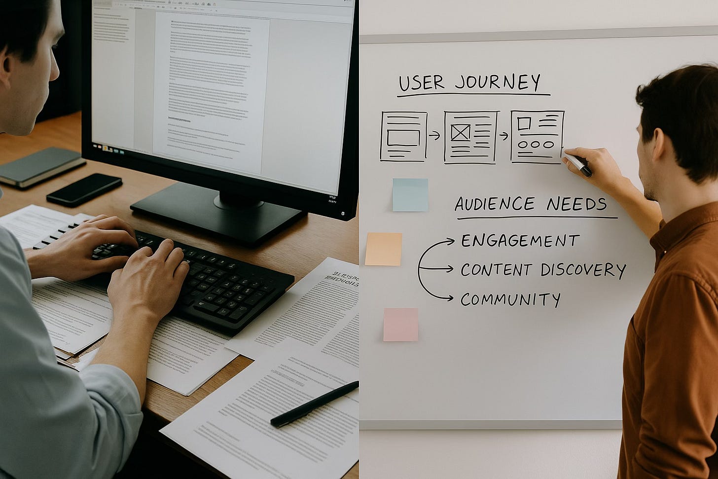 A horizontal split-frame image showing a reporter typing at a cluttered desk on the left and a product manager mapping audience needs and user journeys on a whiteboard on the right, symbolizing collaboration between journalism and product strategy. A horizontal split-frame image showing a reporter typing at a cluttered desk on the left and a product manager mapping audience needs and user journeys on a whiteboard on the right, symbolizing collaboration between journalism and product strategy.