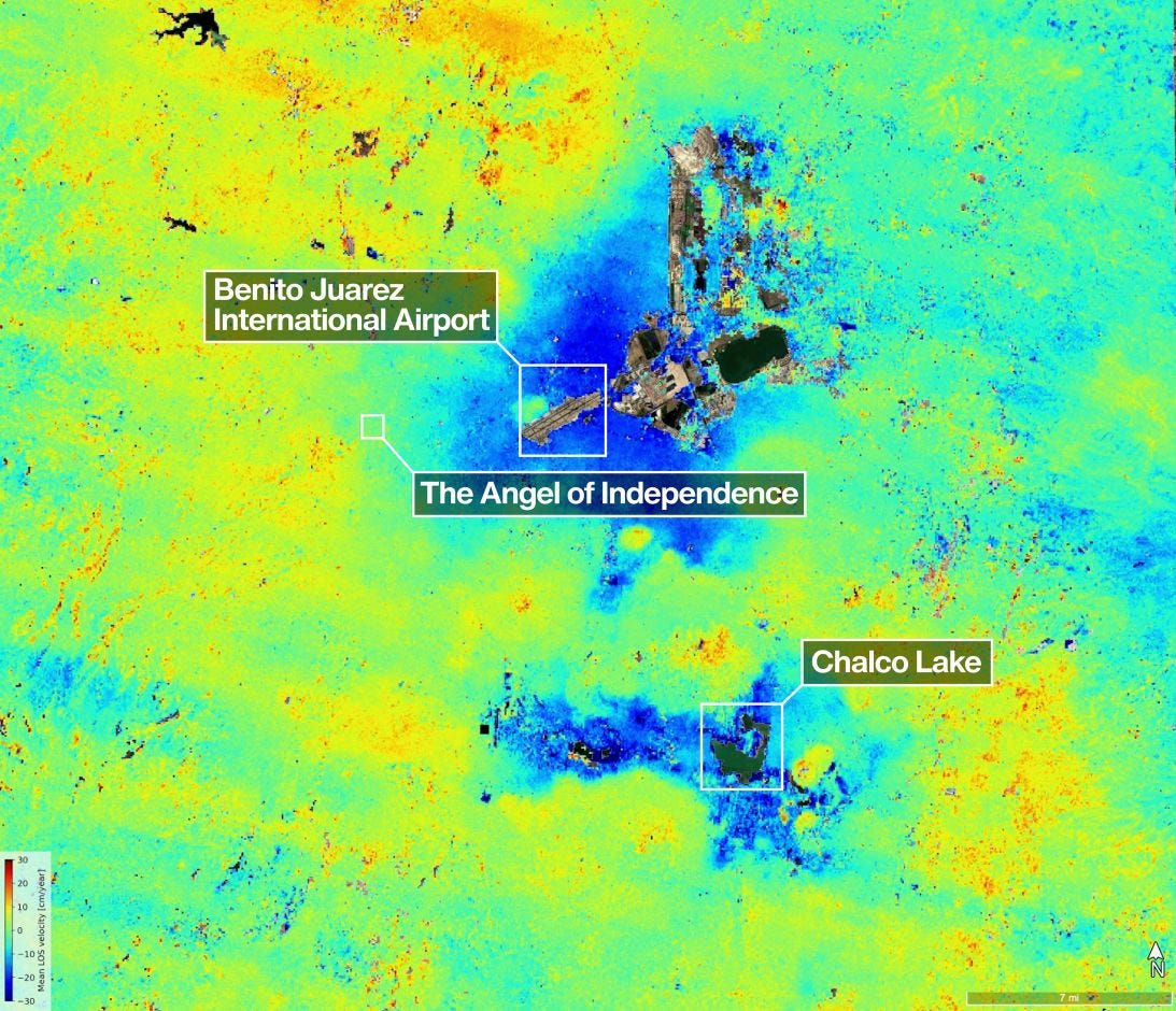 New data from NISAR shows parts of Mexico City subsided by roughly 0.8<strong> </strong>inches per month (shown in blue) between October 25, 2025, and January 17, 2026. Uneven and seemingly small elevation changes have added up over the decades, fracturing roads, buildings and water lines. New data from NISAR shows parts of Mexico City subsided by roughly 0.8<strong> </strong>inches per month (shown in blue) between October 25, 2025, and January 17, 2026. Uneven and seemingly small elevation changes have added up over the decades, fracturing roads, buildings and water lines.