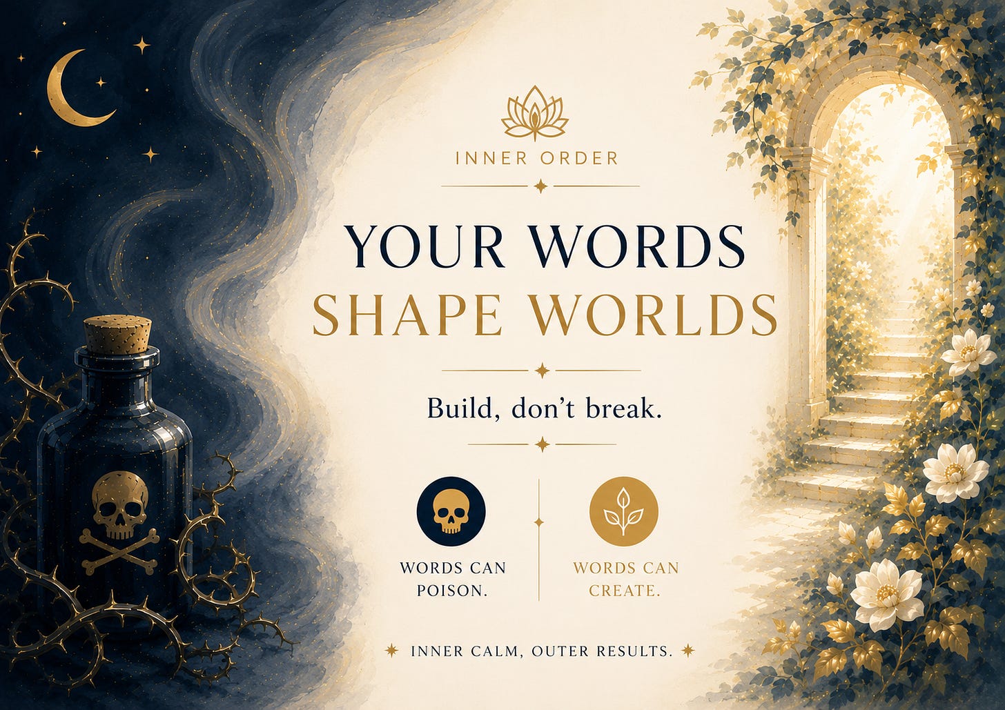 A horizontal infographic in deep navy, cream, and gold illustrating the power of words. On the left, a dark poison bottle wrapped in thorny vines sits beneath swirling celestial patterns, symbolizing words that wound. On the right, a luminous stone archway surrounded by white flowers and golden foliage represents words that bring life. In the center, the message emphasizes that our words shape the world we experience, contrasting the choice between words that poison and words that create.