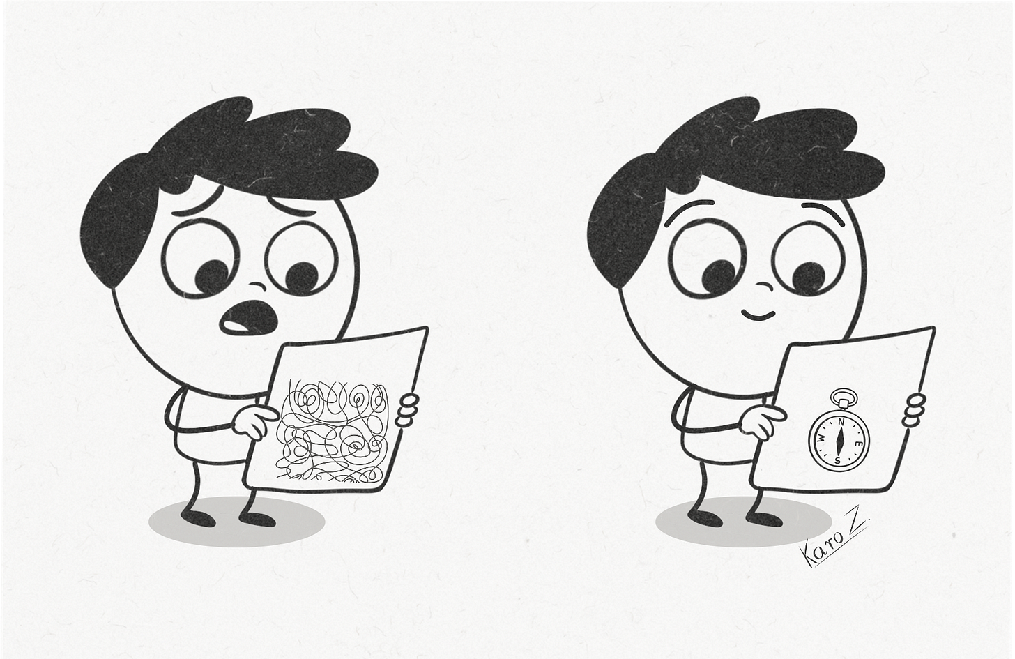 Cartoon illustration by Karo Z. for Product With Attitude: A stick-figure character looks worried at a map, not being able to find his tribe on Substack.