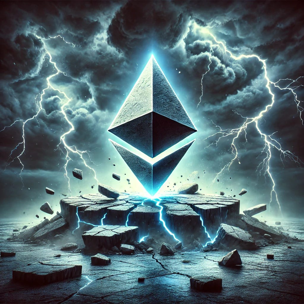 A dramatic digital illustration of the Ethereum logo under a stormy sky. The scene is dark and intense, with lightning bolts striking around the logo, symbolizing challenges and turmoil. The Ethereum logo is slightly cracked, sitting atop a fractured ground, with a sense of instability and conflict in the atmosphere. The colors are moody with shades of gray, dark blue, and white lightning, creating a visual metaphor for crisis and difficulty within the Ethereum ecosystem.
