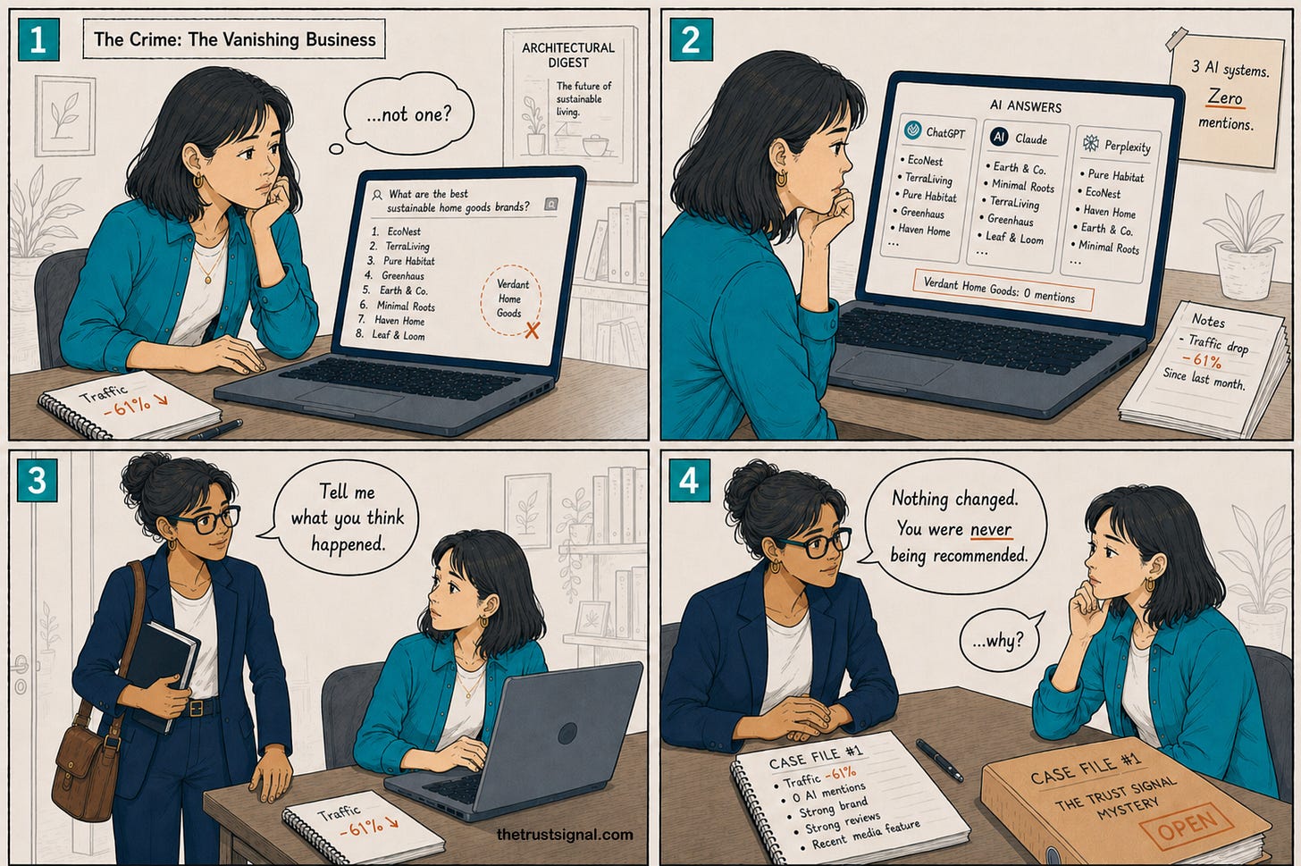 Four panel cartoon illustrating Chapter One of The Trust Signal Mystery — a founder discovers her brand has zero AI mentions despite strong reviews and media coverage, prompting a trust signal investigation by detective Esme Tale. Four panel cartoon illustrating Chapter One of The Trust Signal Mystery — a founder discovers her brand has zero AI mentions despite strong reviews and media coverage, prompting a trust signal investigation by detective Esme Tale.