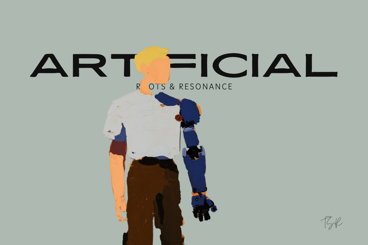 Cover image featuring a textured, painterly figure with a mechanical arm. The figure is set against a muted sage-gray background and interacts with the centered keyword ARTIFICIAL. Part of the Roots & Resonance series at The Subtext Review.