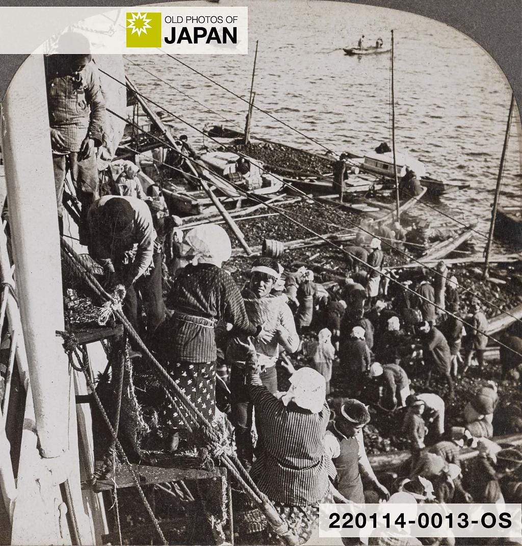 Coaling a steamship at Yokohama Harbor, 1910