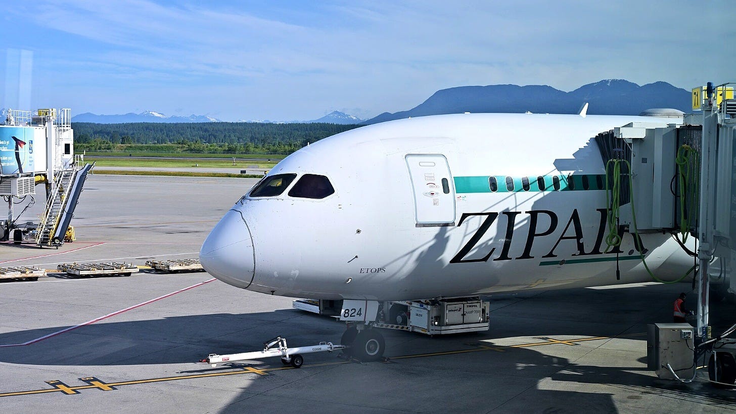 A ZIPAIR Boeing 787 at the gate. Image: 4300streetcar via Wikimedia Commons A ZIPAIR Boeing 787 at the gate. Image: 4300streetcar via Wikimedia Commons