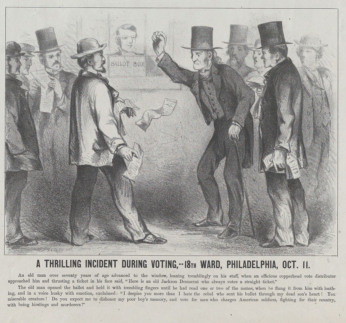 A Thrilling Incident During the Voting, 18th Ward, Philadelphia, October 11, Harley (American, active 1860s), Lithograph A Thrilling Incident During the Voting, 18th Ward, Philadelphia, October 11, Harley (American, active 1860s), Lithograph