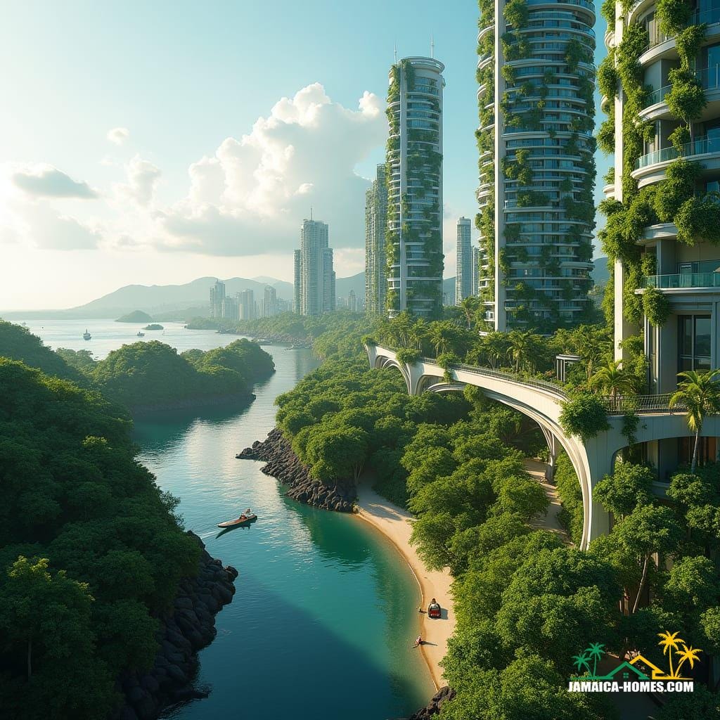 A futuristic Jamaican cityscape, with sleek glass towers and vibrant vertical gardens, seamlessly integrated into the island's lush natural beauty, as if grown from the earth itself. Unique cultural designs, inspired by the works of Zaha Hadid, Santiago Calatrava, and Frank Lloyd Wright, blend harmoniously with the surroundings, redefining the urban skyline. 