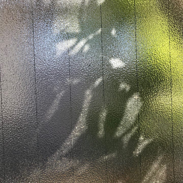 Morning light through frosted glass and my work table with a view of the mini garden.
