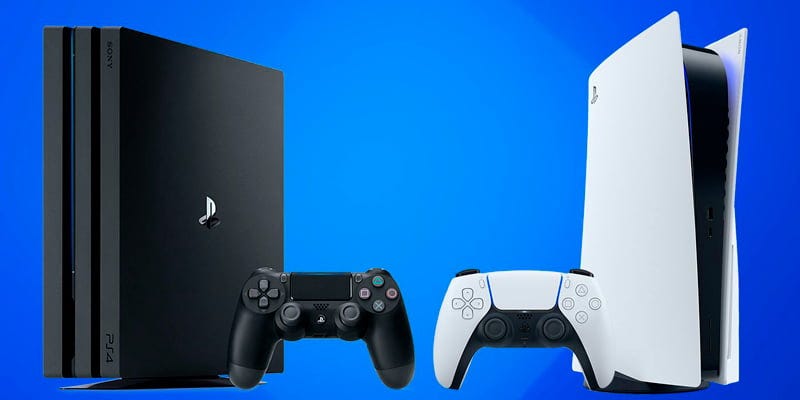 Imagem de fundo azul com o PS4 Pro e o PS5